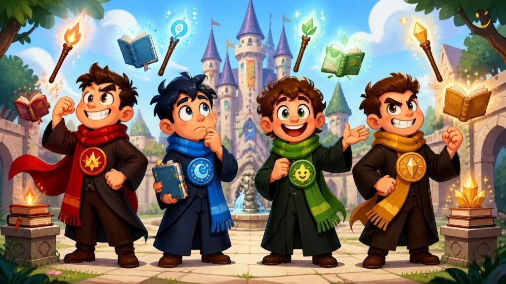 Funny wizard house jokes with four playful fantasy characters